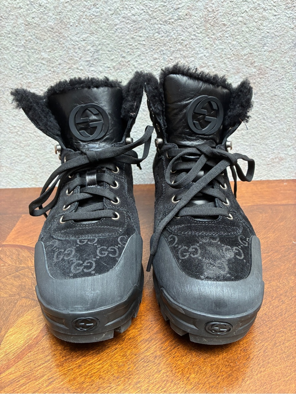 Gucci Black Lace-Up GG Suede Fur-Lined Ankle Boots